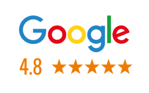Textgrafik, die das Google-Logo über einer orangefarbenen Bewertung von 4,8 mit fünf orangefarbenen Sternen zeigt und so einen hervorragenden Ruf ähnlich dem der Brandmeldeanlage Hamburg unterstreicht.