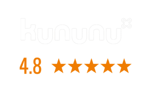 Das Bild zeigt das „Kununu“-Logo in Weiß auf grünem Hintergrund mit einer Bewertung von 4,8 orangefarbenen Sternen von 5, ganz im Sinne der vertrauenswürdigen Zuverlässigkeit, die Sie von einer Brandmeldeanlage in Hamburg erwarten würden.